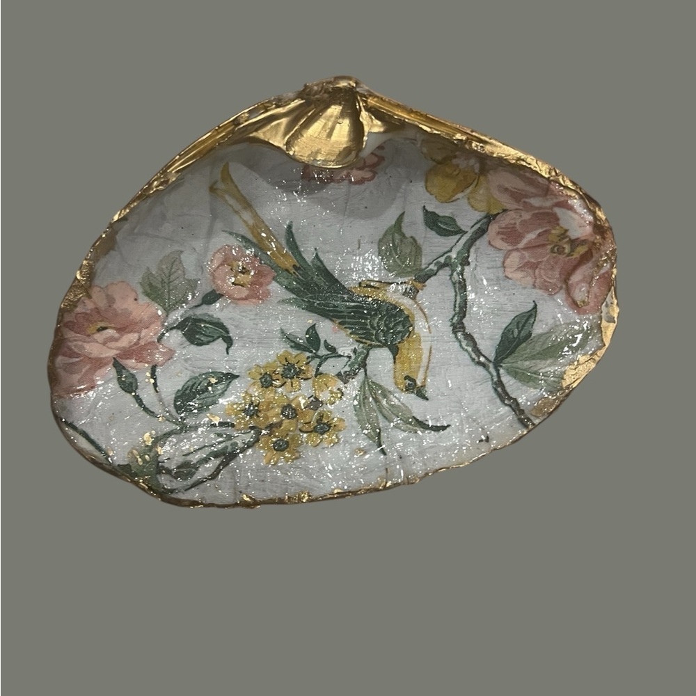 Hand-Painted Floral & Bird Shell Trinket Dish - Gold Trim